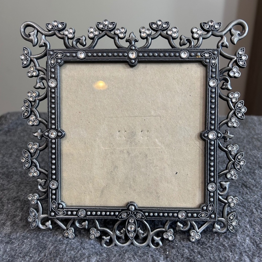 Vintage Malden Ornate Pewter Rhinestone Filigree Square Picture Frame 5x5